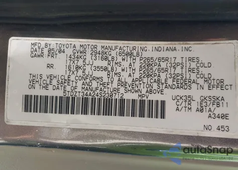 2004 Toyota Sequoia Sr5 V8 from USA, damaged, VIN 5TDZT34A24S230712
